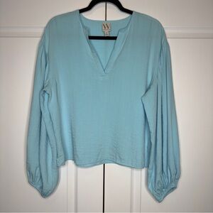 Worthington‎ Women’s Medium Light Blue V-Neck Blouse Balloon Sleeve Rayon Top